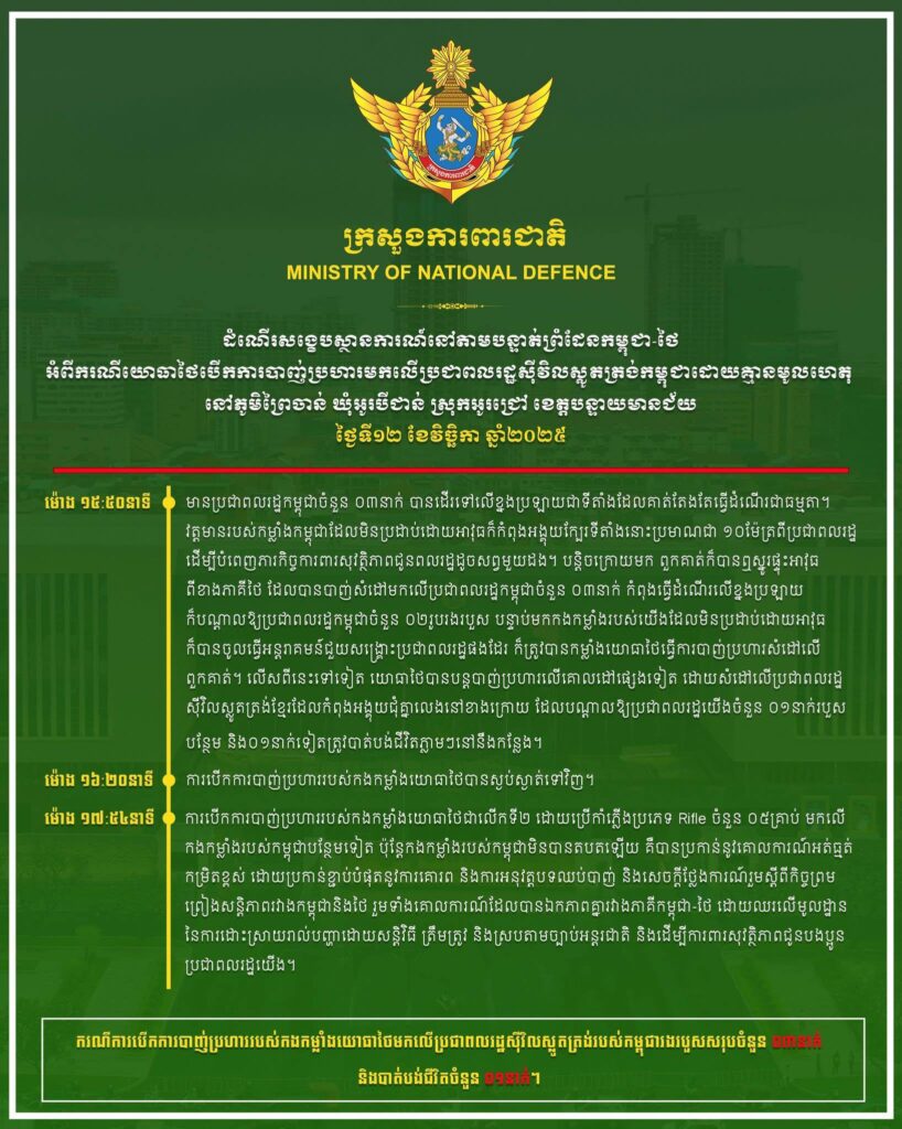 ដំណើរសង្ខេបស្ថានការណ៍នៅតាមបន្ទាត់ព្រំដែនកម្ពុជា-ថៃ អំពី ករណីយោធាថៃបើក ការបាញ់ប្រហារមកលើប្រជាពលរដ្ឋស៊ីវិលស្លូតត្រង់កម្ពុជាដោយគ្មានមូលហេតុ